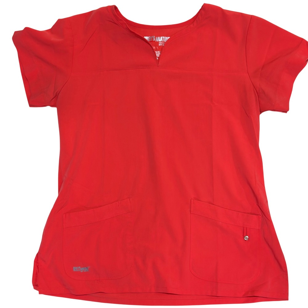 Grey's Anatomy Scrub Top Women Large Red Poly Rayon Spandex Signature V-Neck
